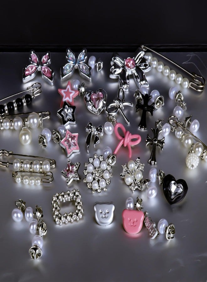 Horsdo 62pcs Silver Set Sock Charm Set, Safety Pin Brooch, Rhinestone, Pearl, Button Charms for Socks, Shoes, Clothing Accessories - Image 3